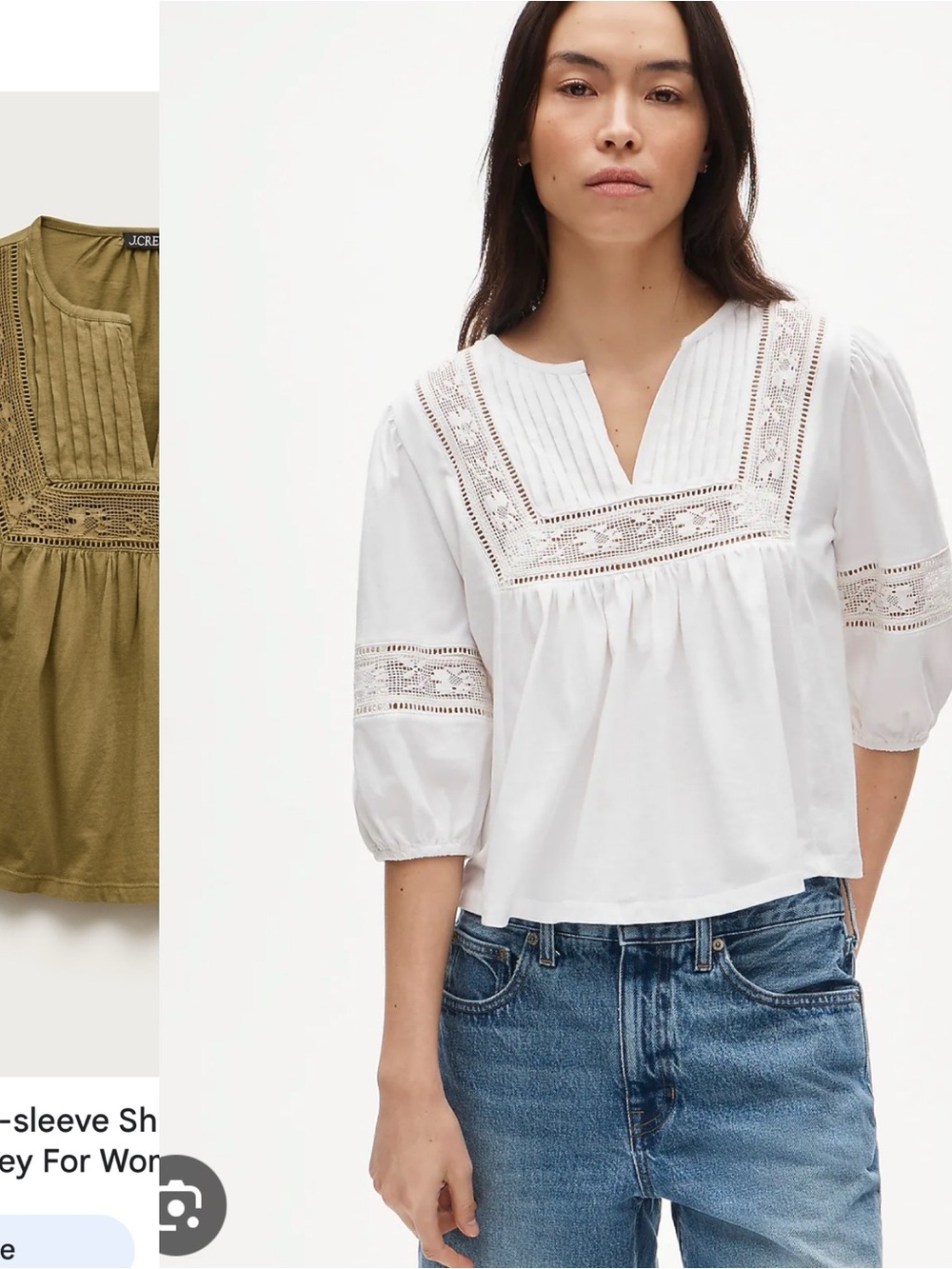 NWT J. Crew Lace-Trim Puff-Sleeve Shirt Olive Green Small